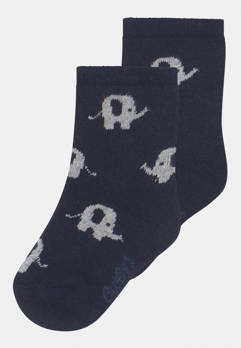 Marineblaue Baumwollsocken mit hellgrauem Elefantenmuster. Mit einem gerippten Bündchen und glatter Textur. Lässiges Design, Knöchellänge.