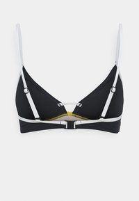 Top de bikini preto com alças brancas ajustáveis e forro amarelo. Apresenta um design minimalista e um fecho de engate nas costas.