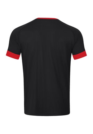 Zwart sportshirt met korte mouwen, met rode accenten op de manchetten en de kraag. Gemaakt van een ademend, gestructureerd materiaal.