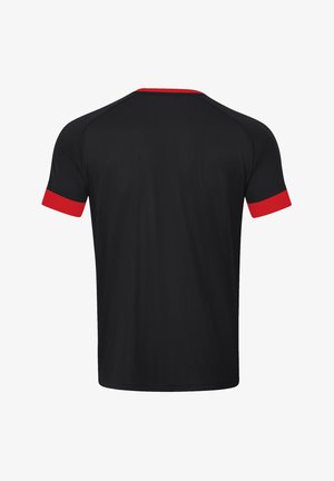 Zwart sportshirt met korte mouwen, met rode accenten op de manchetten en de kraag. Gemaakt van een ademend, gestructureerd materiaal.