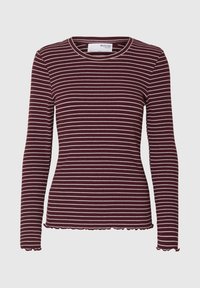 Langermet maroon topp med hvite horisontale striper, med rund halslinning og slitt underkant. Ribbet tekstur gjennom hele.