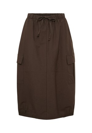Brun knælængde nederdel med elastisk taljebånd, snørebind, sidelommer med klap og rynket kant.