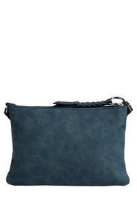 Modrá kabelka z umělého semiše s hladkou texturou, zipovým uzávěrem a pleteným popruhem. Na jedné straně je stříbrný kovový kroužek.