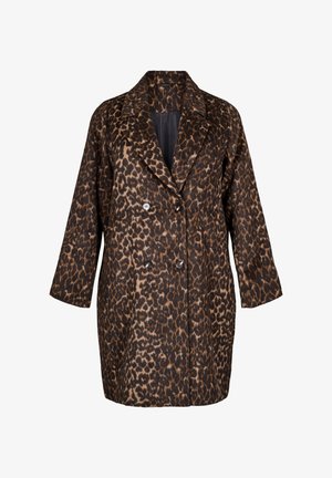 Płaszcz w panterkę z podwójnym zapięciem, szerokim kołnierzem i luźnym krojem. Wykonany z miękkiego materiału, posiada dwa przednie guziki i duże rękawy.