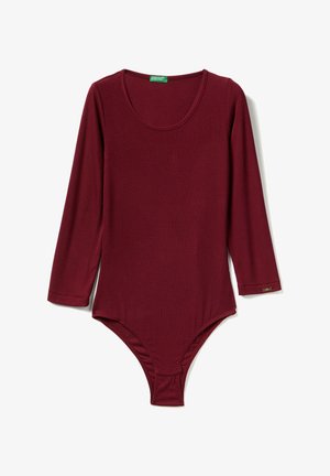 Body a maniche lunghe in jersey bordeaux con scollatura a U e chiusura a pressione nel cavallo, steso su uno sfondo bianco.