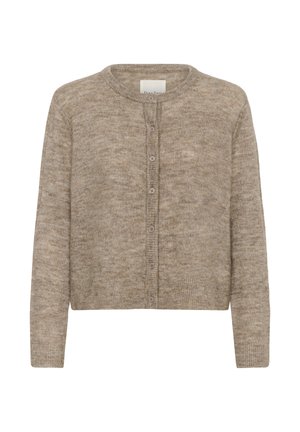 Beige button-up knitted cardigan with long sleeves and ribbed cuffs, hem, and collar.