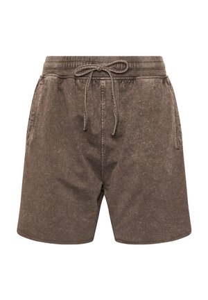 Pantalones cortos casuales marrones con cintura elástica y cordón, que cuentan con bolsillos laterales y un acabado de tela ligeramente texturizado.