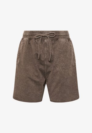 Ruskeat rentoihin tilaisuuksiin sopivat shortsit, joissa on joustava vyötärönauha ja kiristysnyöri, sivutaskut ja hieman teksturoitu kangaspinta.