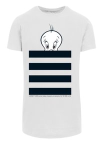 Hvit bomull t-skjorte med et grafisk motiv av hodet til en tegneseriefigur over tre horisontale marineblå striper. Enkel, uformell design.