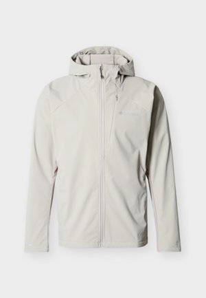 Giacca Columbia con cappuccio grigio chiaro, con cerniera frontale, tasca con zip sul petto e logo discreto sul lato sinistro del petto, posata piatta su uno sfondo bianco.