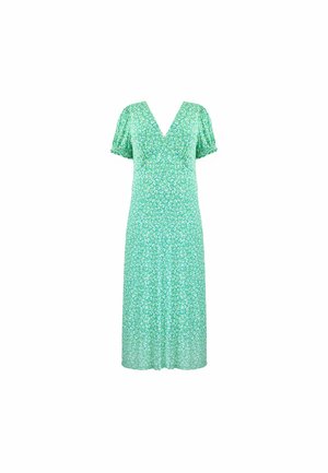 Abito floreale verde con scollatura a V, maniche corte a sbuffo e silhouette fluida. Realizzato in tessuto leggero con motivi di fiori bianchi.