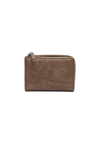 Portefeuille en cuir marron avec une texture lisse, fermeture zippée et une forme rectangulaire. Présente un design minimaliste sans motifs visibles.