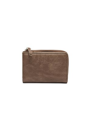 Brown leather wallet with a smooth texture, zip closure, and a rectangular shape. Features a minimalist design with no visible patterns.