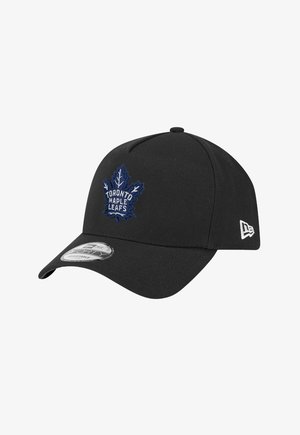 Schwarzere Baseballmütze mit strukturiertem Design, auf der Vorderseite mit einem blauen gestickten Logo der Toronto Maple Leafs und einem verstellbaren Riemen.