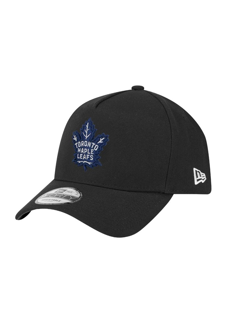 Casquette de baseball noire à forme structurée, arborant un logo brodé bleu des Toronto Maple Leafs à l'avant et une sangle réglable.