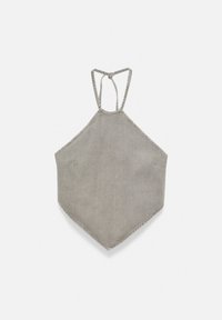Tablier en lin gris avec col halter, panneau avant en forme de losange et lanières réglables.