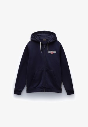 Marineblauwe rits-hoodie met een trekkoordkap, twee voorzakken, logo-detail op de borst, zacht materiaal en geribbelde boorden.