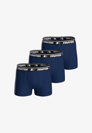 Blue boxer briefs in a pack of three, featuring a black elastic waistband with "STARTER" branding and flatlock seams for comfort.