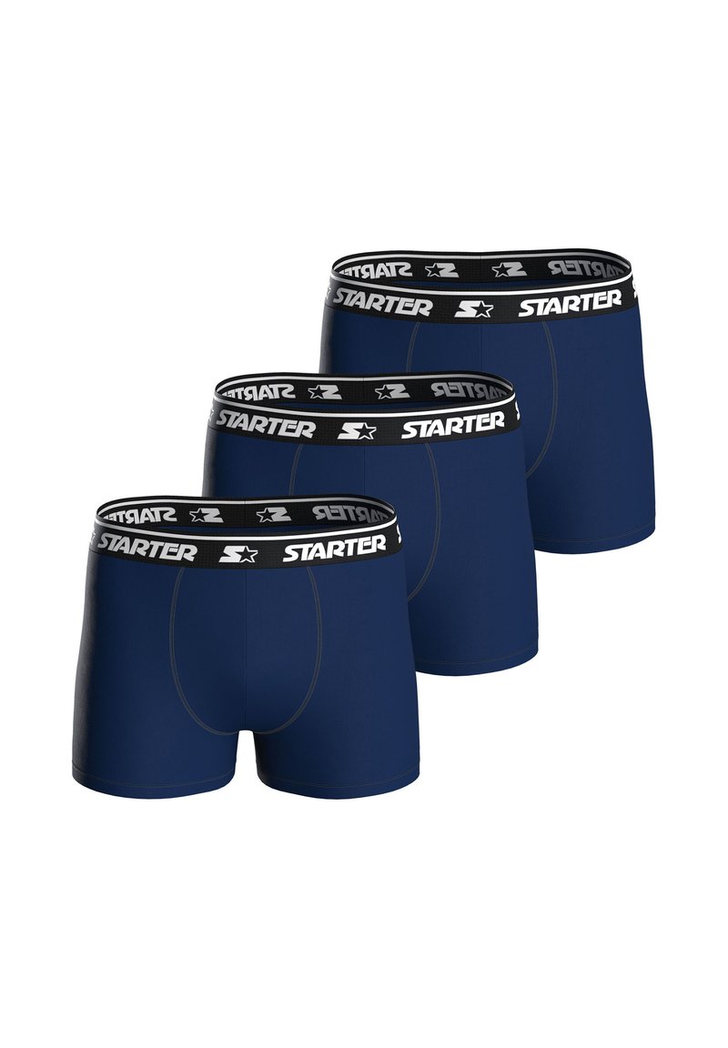 Blue boxer briefs in a pack of three, featuring a black elastic waistband with "STARTER" branding and flatlock seams for comfort.