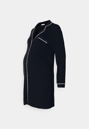 Navy maternity nightdress with long sleeves, button front, white piping, and a chest pocket. Soft fabric with side ruching for comfort.