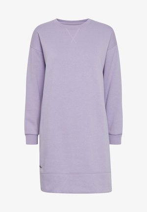 Lilla sweatshirtkjole laget av mykt stoff, med lange ermer, rund hals og ribbestrikket kant med en liten logo.