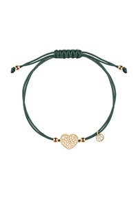 Zielona bransoletka z sznurkami z filigranowym sercem w kolorze złotym oraz złotymi koralikami. Regulowane zapięcie na węzełek. Lekki i delikatny design.