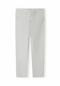 Lichtgrijze geribde gebreide legging met elastische tailleband, plat weergegeven op een witte achtergrond.