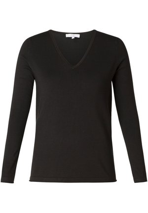 Zwarte langemouwen v-hals top van zacht materiaal, met een slim fit en zonder zichtbare patronen of logo's. Eenvoudig en veelzijdig ontwerp.
