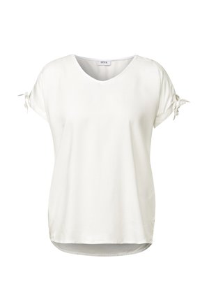 T-shirt blanc à manches courtes avec un col en V, présentant des détails de manches nouées et un ourlet incurvé. Fabriqué à partir d'un tissu lisse et léger.