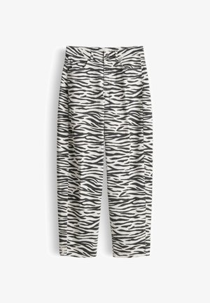 Pantaloni a vita alta con gamba dritta, stampa zebra in bianco e nero, tasche frontali, passanti per cintura e chiusura con bottone.