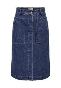 Denim A-linijska krila v temno modri barvi, ki ima dva velika sprednja žepa, osrednje zapiranje z gumbnico in kontrastno šivanje ob šivih.