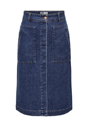 Sötétkék A-vonalú farmer szoknya, két nagy elülső zsebbel, középső gombos záródással és kontrasztos varrással az illesztések mentén.