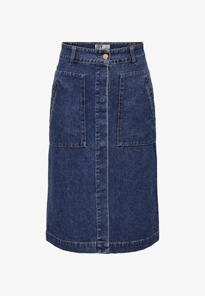 Tummansininen A-linjainen farkuhame, jossa on kaksi suurta etutaskua, keskeinen napitus ja kontrastiväriset tikkaukset saumoissa.