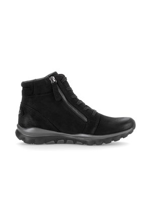 Schwarzer High-Top-Freizeitschuh mit seitlichem Reißverschluss, Schnürung vorne, gepolstertem Schaft und dicker Sohle mit Profil für besseren Halt.