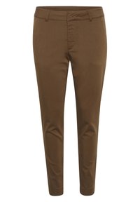 Brown tapered trousers with a smooth texture, featuring belt loops, a zip fly, and clean stitching. The fabric is non-patterned.