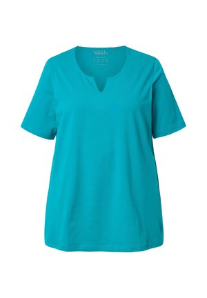 T-shirt turquoise à manches courtes en coton. Doté d'un col rond avec une encolure en V et d'une coupe décontractée. Texture lisse sans motifs.