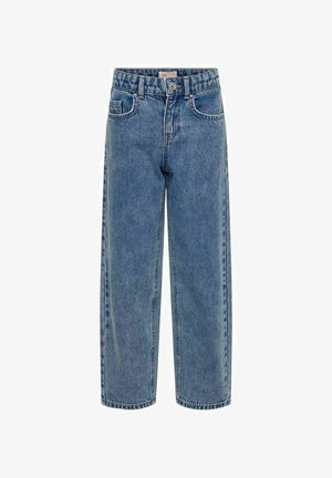 Vaqueros de tiro alto en azul claro hechos de mezclilla. Presentan un diseño de pierna recta, dos bolsillos delanteros y un cierre de botón con trabillas para cinturón.