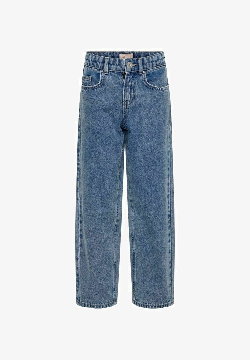 Vaqueros de tiro alto en azul claro hechos de mezclilla. Presentan un diseño de pierna recta, dos bolsillos delanteros y un cierre de botón con trabillas para cinturón.