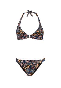 Mnogobojni bikini set s cvjetnim uzorkom na crnoj podlozi. Gornji dio ima halter vrat vezanje i središnji izrez u obliku ključa.