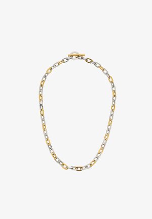 Srebrno-złoty metalowy naszyjnik na łańcuszku, z naprzemiennie ułożonymi ogniwami, z zapięciem na toggle oraz okrągłym akcentem w postaci perły na środku.