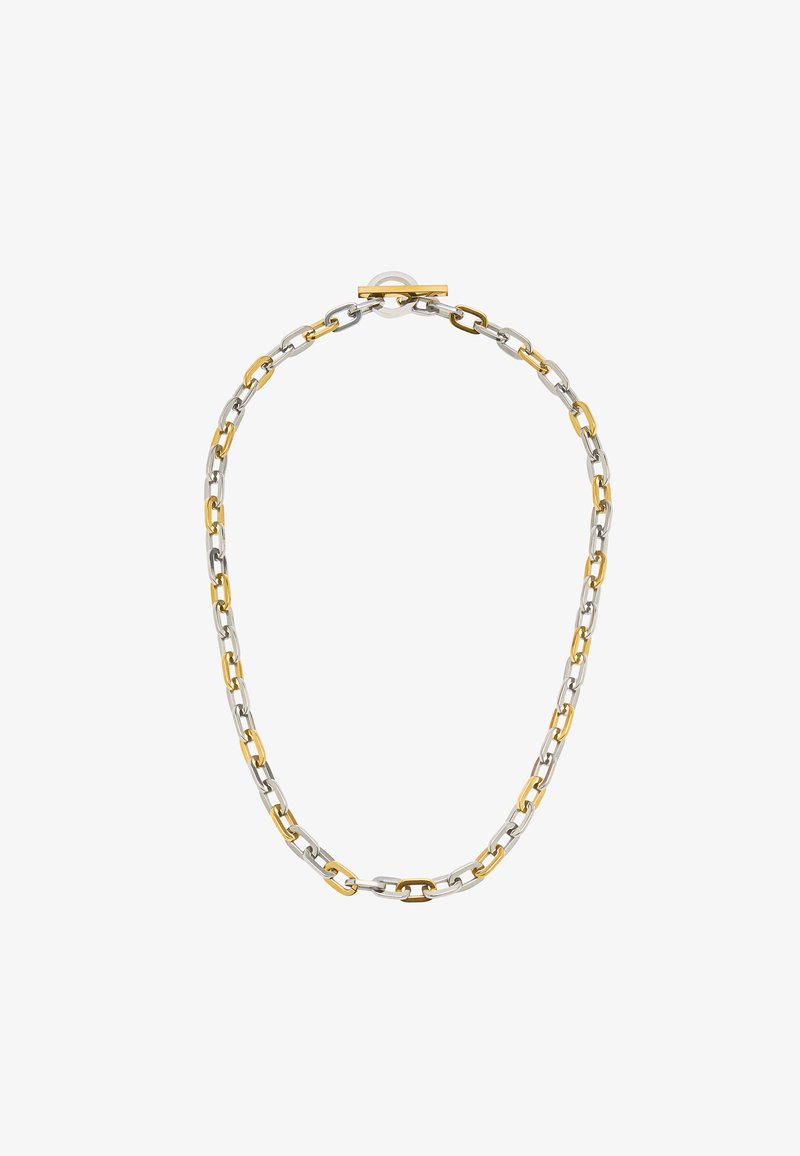 Srebrno-złoty metalowy naszyjnik na łańcuszku, z naprzemiennie ułożonymi ogniwami, z zapięciem na toggle oraz okrągłym akcentem w postaci perły na środku.