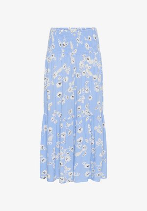 Šviesiai mėlyna gėlėta maksi sijonas su susiraukšlėjusia juosmeniu, pakopinėmis detalėmis ir baltomis bei juodomis gėlių raštais ant minkštos medžiagos.