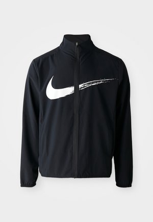 Black athletic jacket with a high neck, front zipper, and elastic cuffs. Features a large white Nike swoosh graphic across the chest.