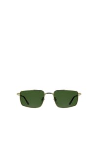 Sonnenbrille mit rechteckiger Form, grün getönten Gläsern, goldenem Metallrahmen und schlanken schwarzen Bügeln. Minimalistisches Design ohne sichtbare Logos.