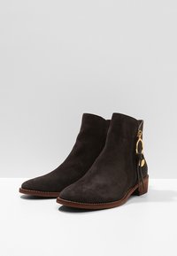 Mörkbruna mocka ankla stövlar med spetsig tå, utrustade med guldfärgade detaljer och en dekorativ frans vid sidan, monterade på en låg klack.