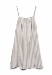 Abito a righe con sottili spalline regolabili, realizzato in un leggero tessuto beige e crema, silhouette fluida e top arricciato per il massimo comfort.
