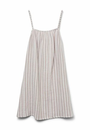 Robe rayée avec des fines bretelles ajustables, en tissu léger beige et crème, silhouette fluide et haut froncé pour le confort.