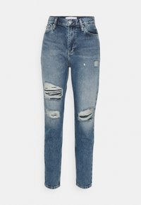 Höga blå denimjeans med slitna och rivna detaljer vid knäna, femficksdesign och en avsmalnande benform med en något bleknad finish.