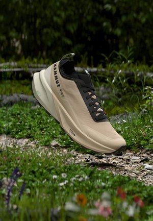 Beige-musta Mammutin vaelluskenkä Gore-Texillä, aggressiivinen kuvio, kelluu kivisen polun yllä, jota ympäröivät vihreät kasvit ja kukat.