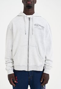 Grå zip-up hættetrøje med snøre i hætten, forlommer og broderet logo. Blødt stof med en falsk struktur og afslappet pasform.